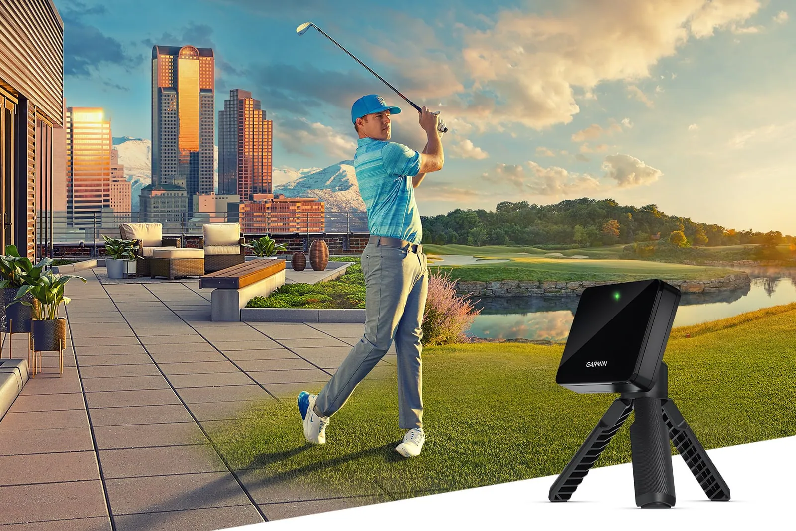 Garmin Approach R10 set up behind a golfer on an outdoor hitting area