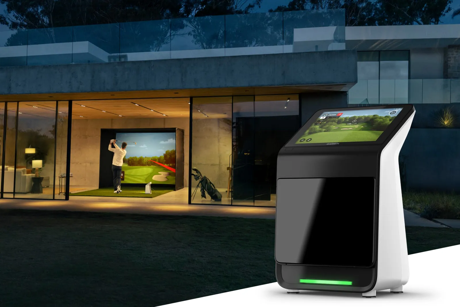 Garmin Approach R50 next to a home golf simulator bay