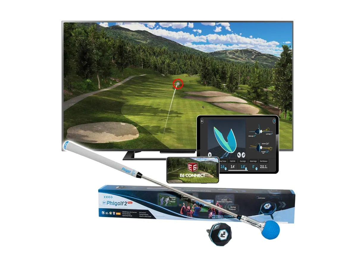 Phigolf 2 swing stick and app on a TV and tablet