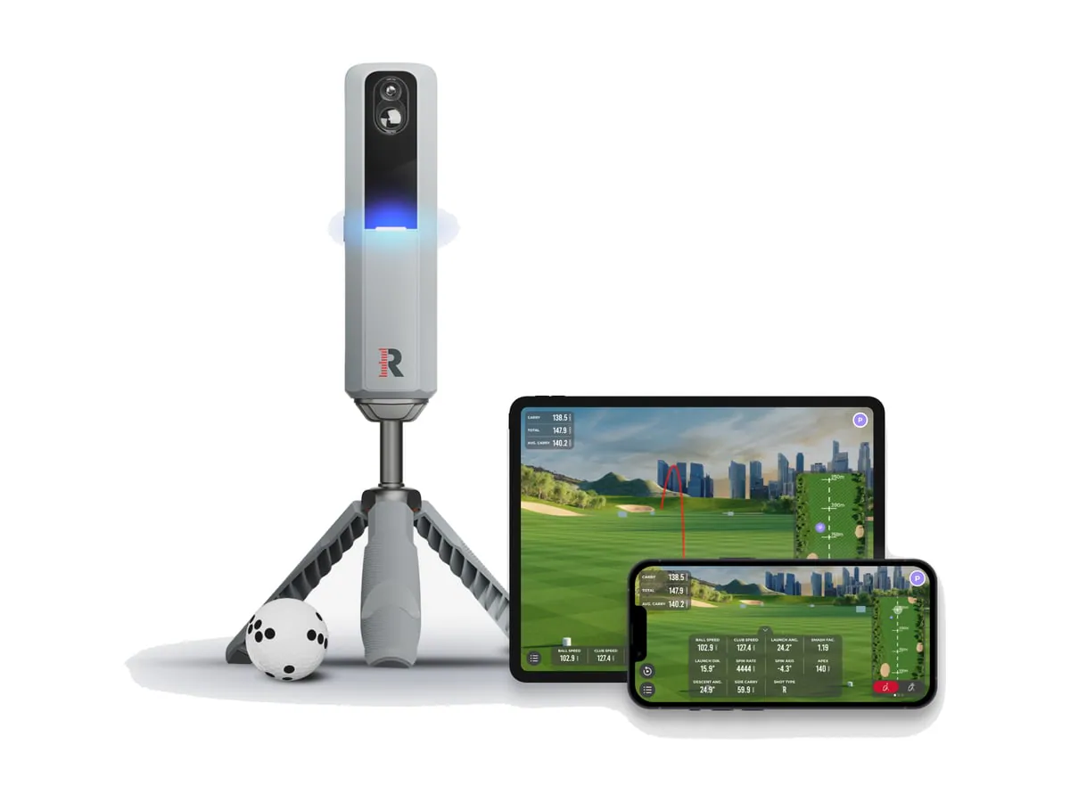 Rapsodo MLM2PRO launch monitor on a tripod with a tablet and phone app
