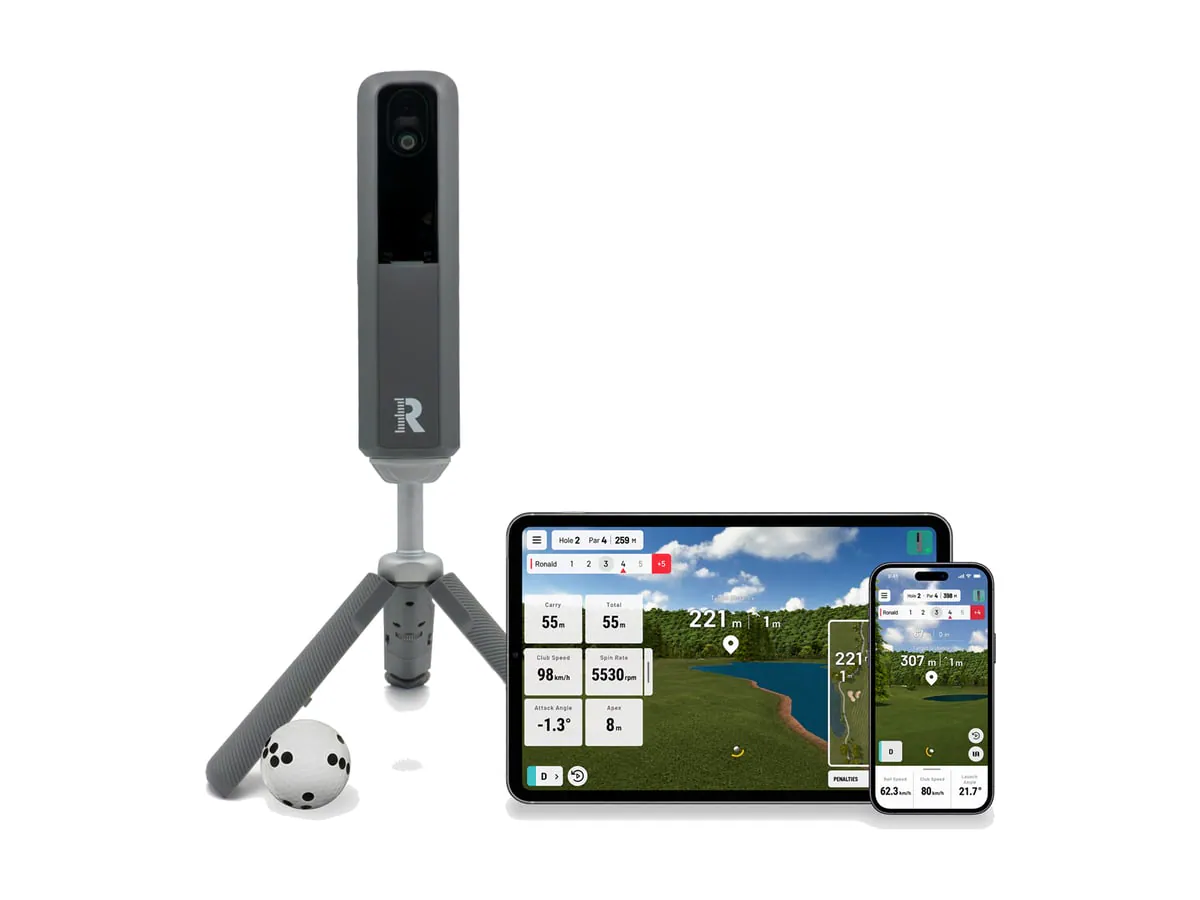 Rapsodo MLM2XPRO launch monitor with tablet and phone screens