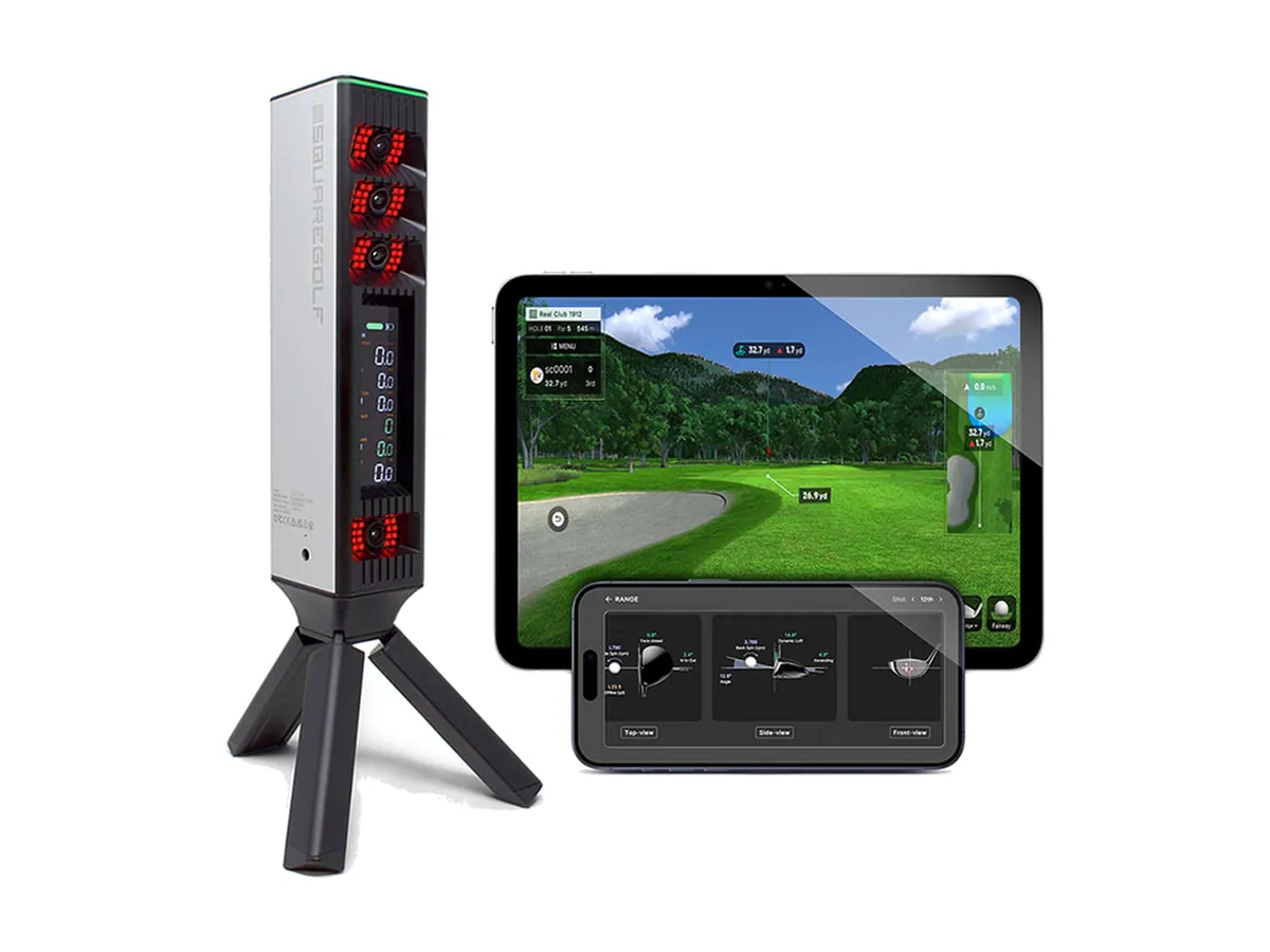 Square Golf Omni launch monitor on its tripod with app screens