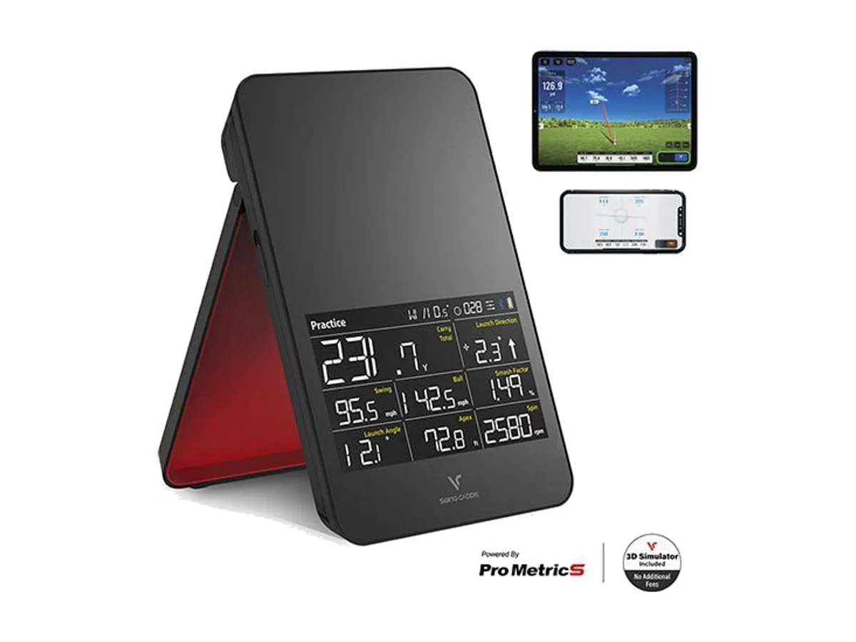Swing Caddie SC4 PRO launch monitor with app screens
