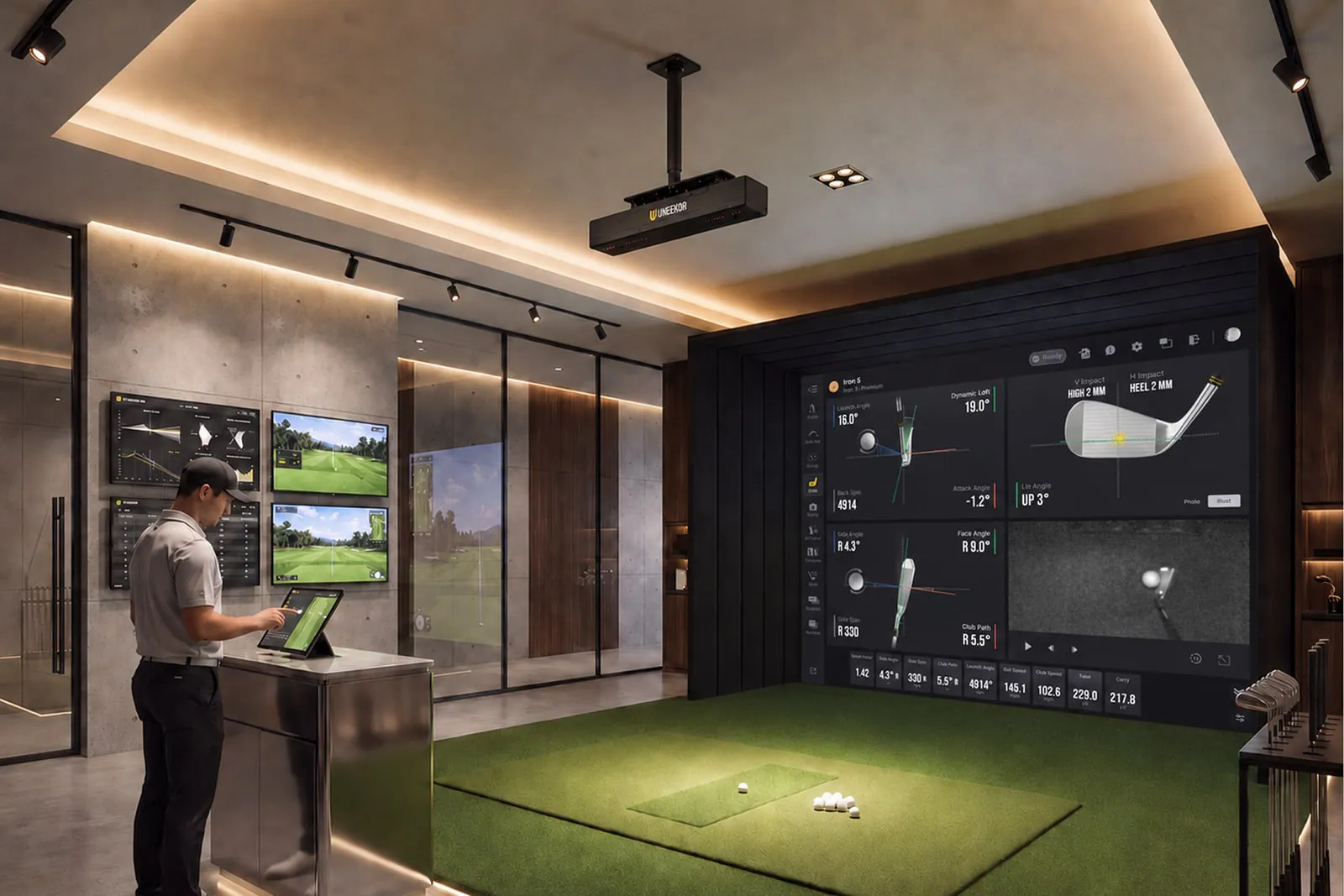Golfer in a simulator room with a Uneekor EYE XR mounted on the ceiling