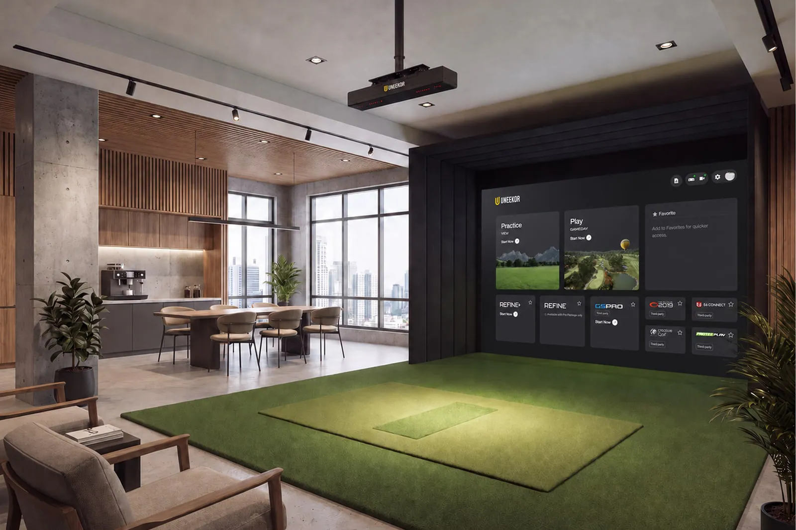 Golf studio with a ceiling-mounted Uneekor EYE XR