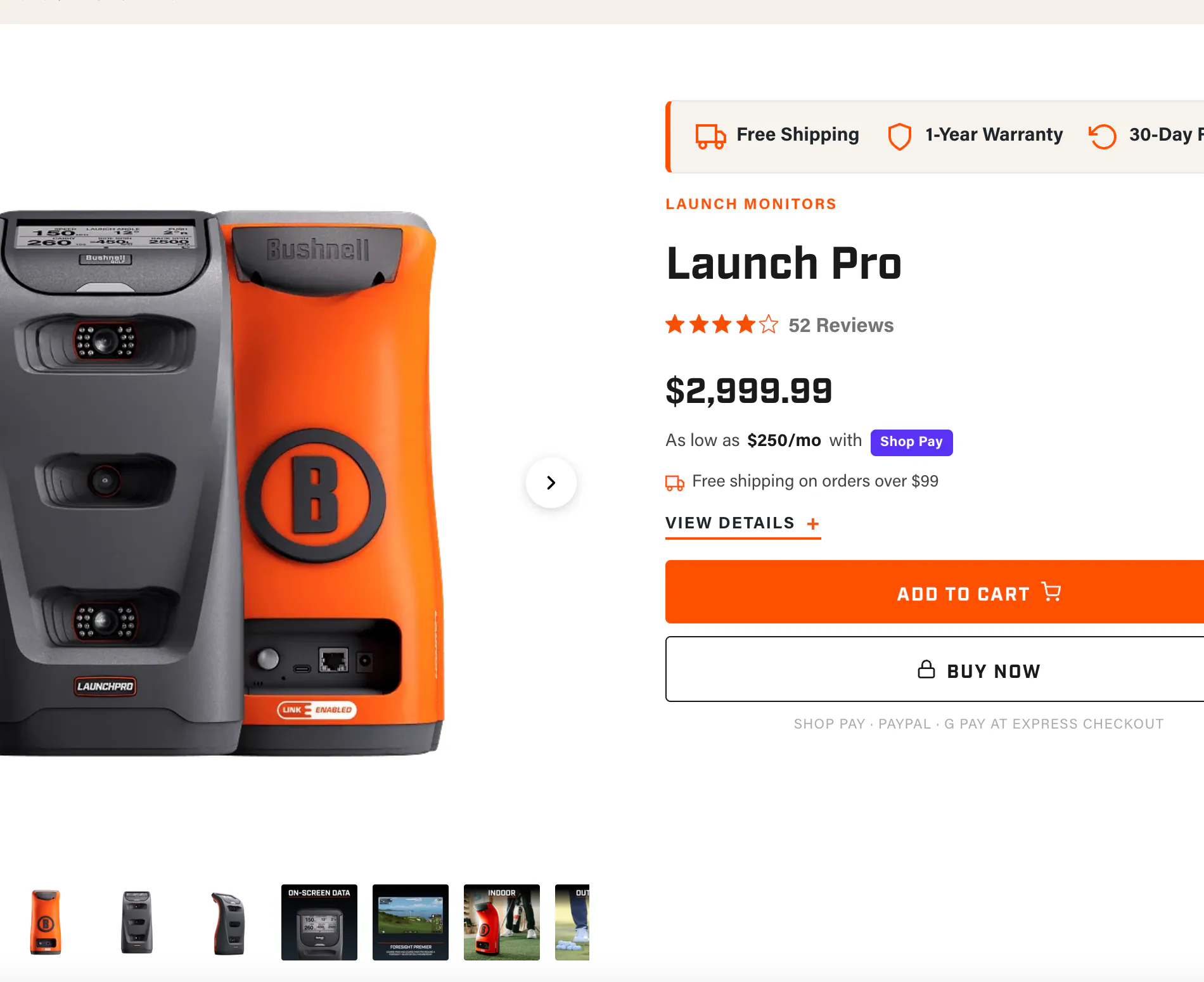 Bushnell Launch Pro product page listing the price at $2,999.99
