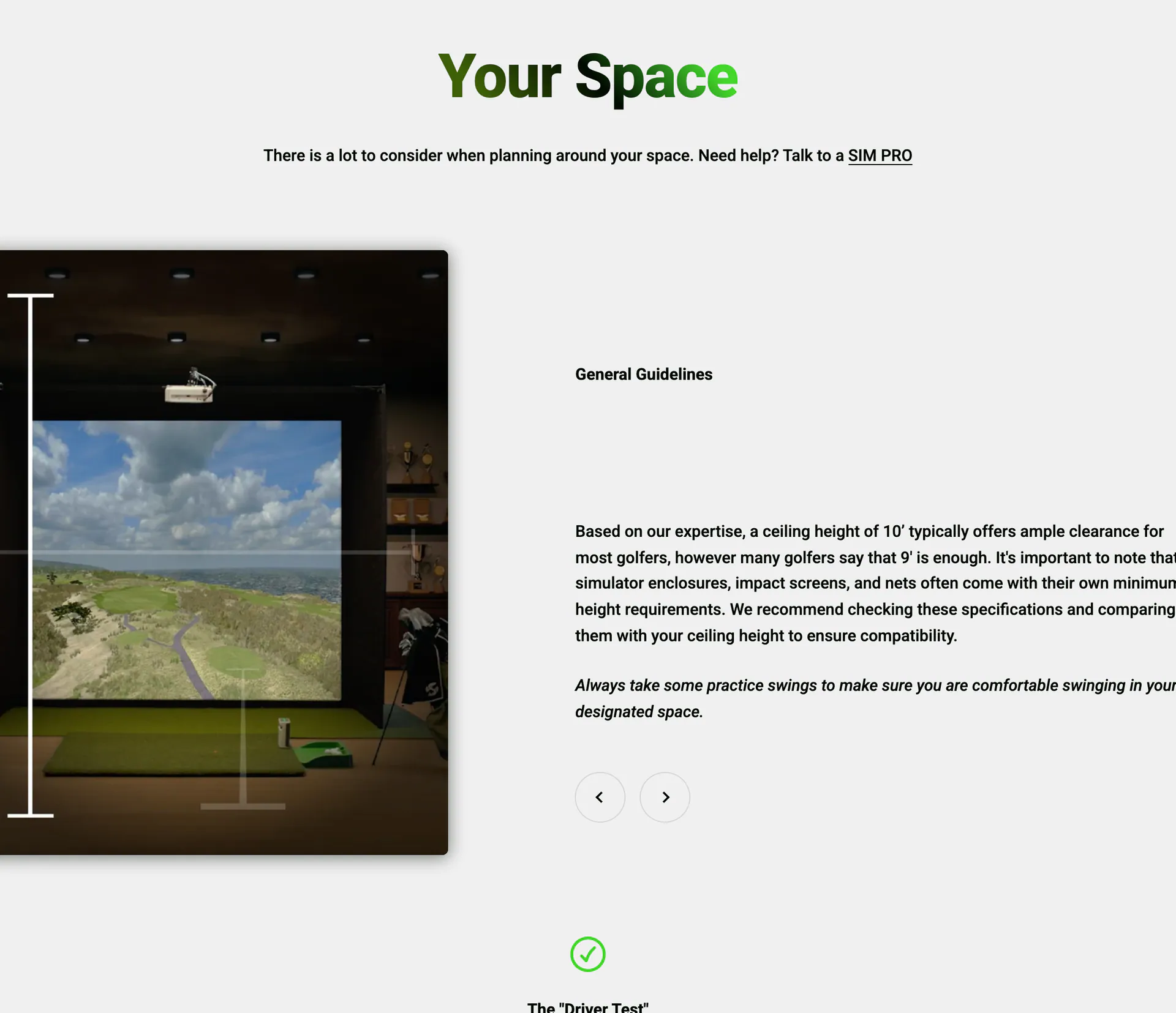 SkyTrak plan-your-space page with ceiling height guidance for a home golf simulator