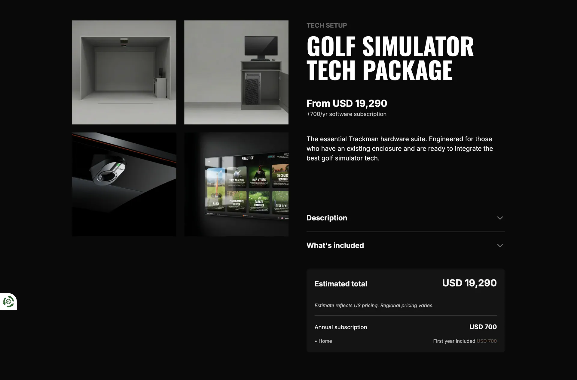 Trackman Golf Simulator Tech Package page showing a price from USD 19,290 plus a $700 yearly software subscription